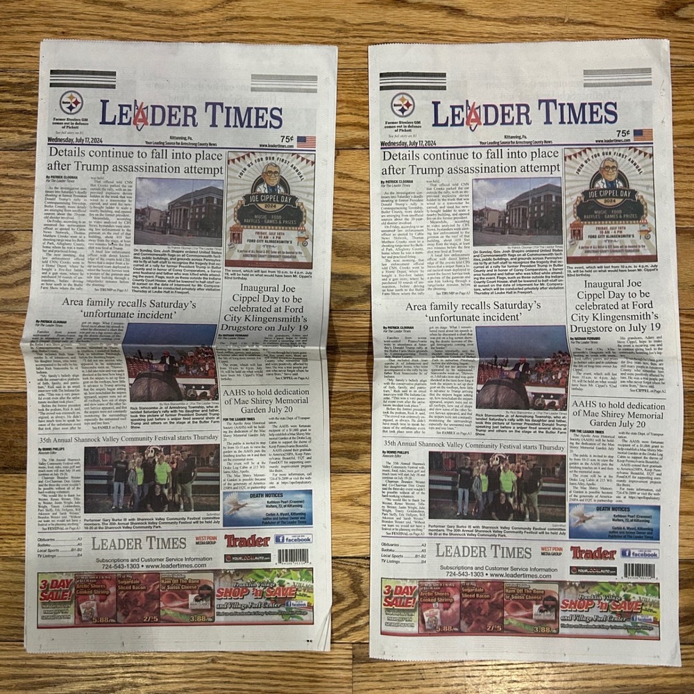 Leader Times Newspaper July 17 2024 Trump‎ Assassination Attempt MAGA Lot of 2